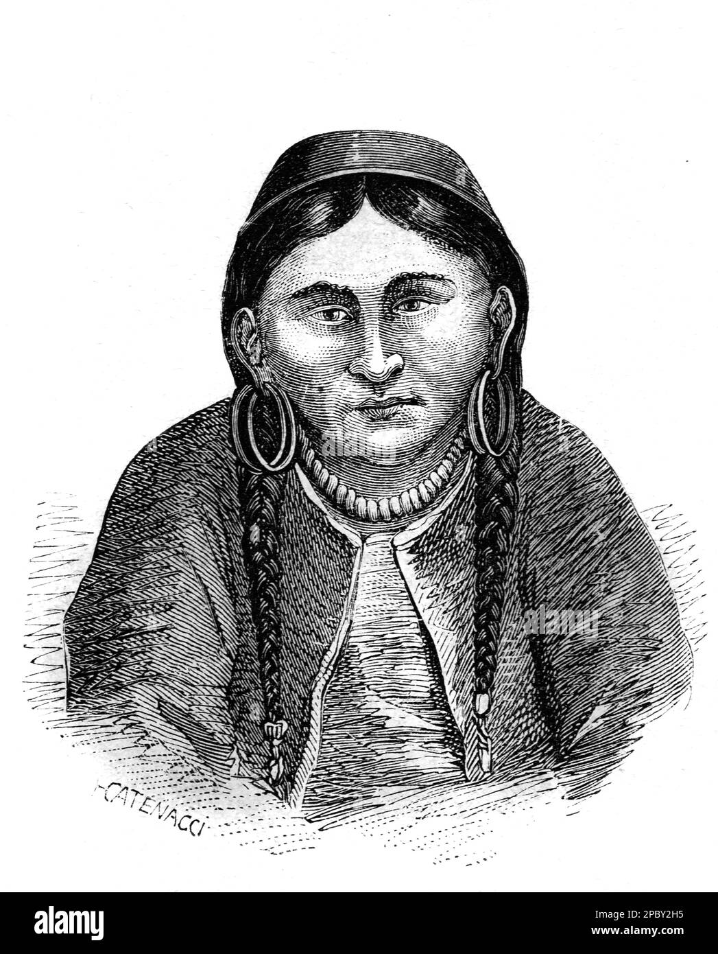 Portrait d'une femme sibérienne portant des vêtements traditionnels ou des vêtements ethniques de Sibérie. Gravure ou illustration vintage ou historique 1862 Banque D'Images