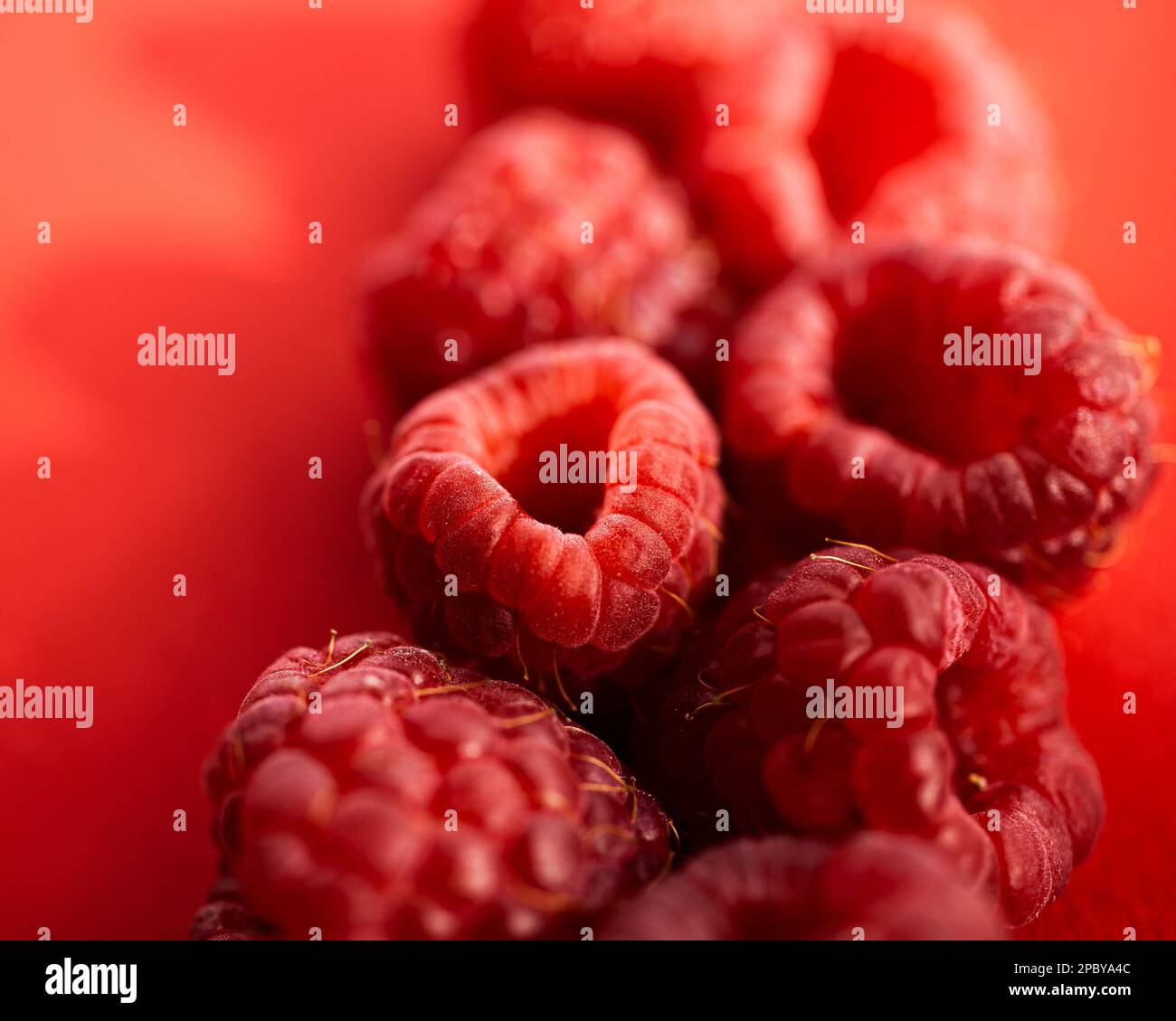 Des framboises rouges douces fraîches disposées ensemble représentant le concept d'une alimentation saine Banque D'Images