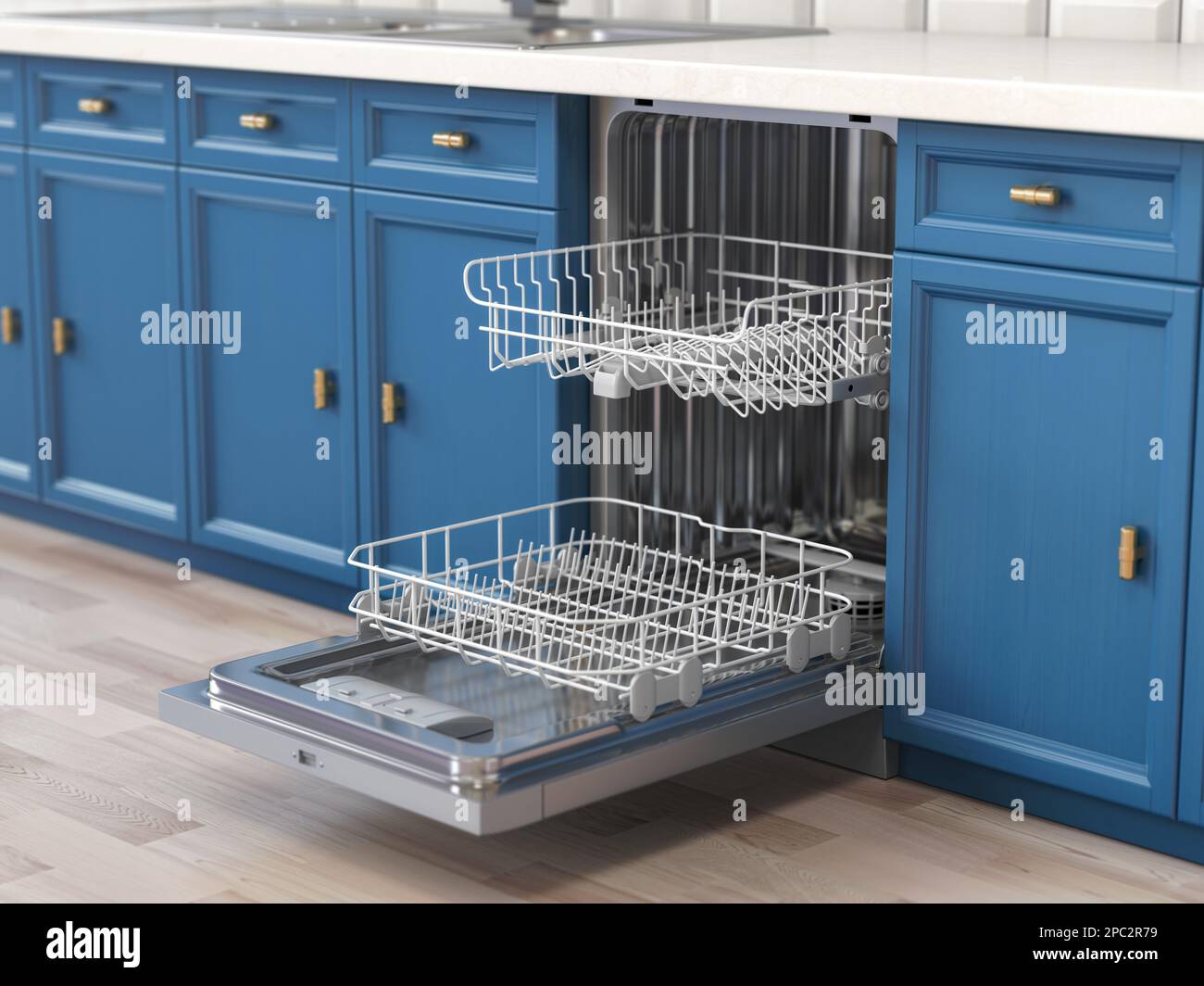 Ouvrez le lave-vaisselle vide dans la cuisine. 3d illustration Banque D'Images