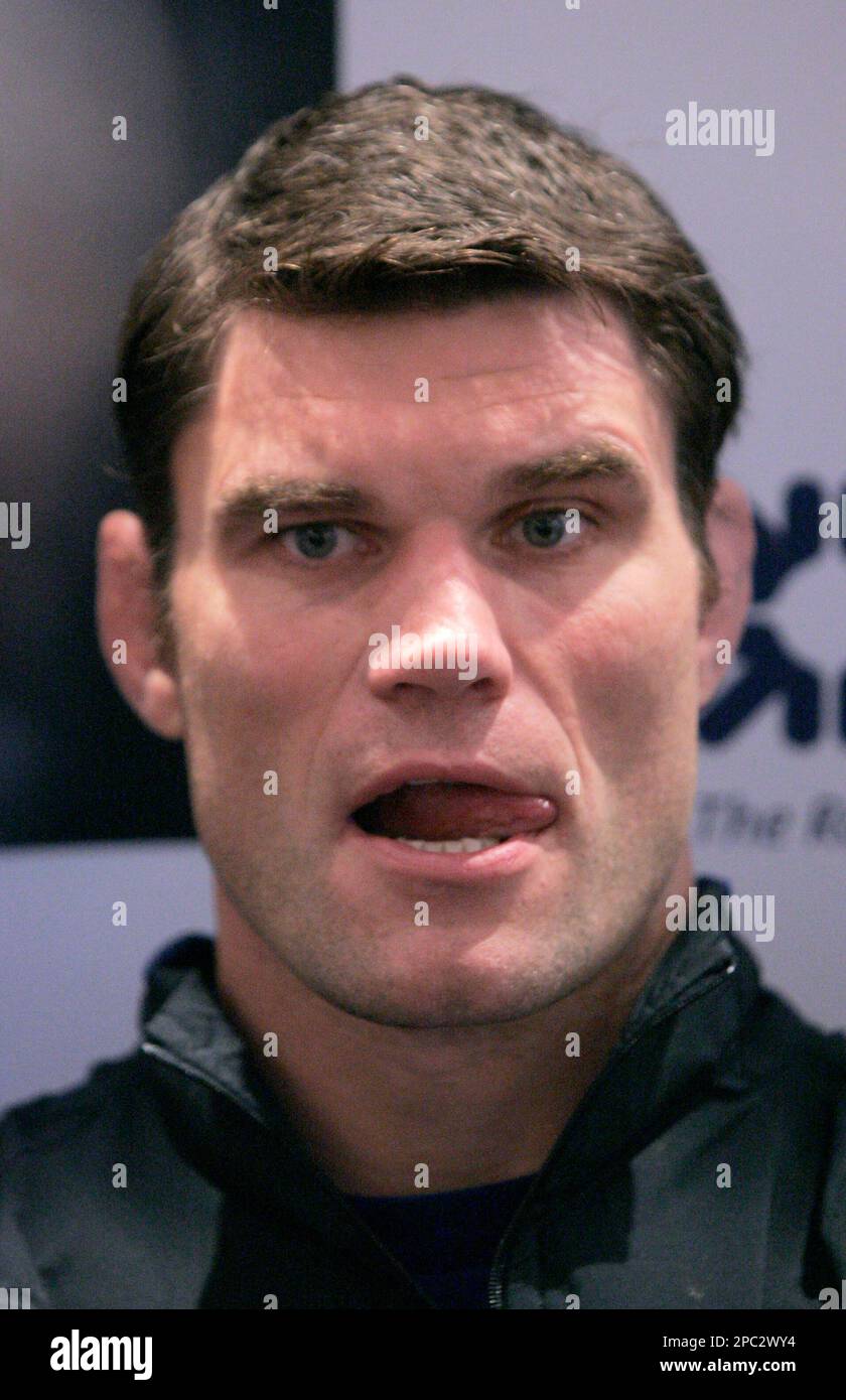 The captain of France's rugby union team Fabien Pelous listens to journalist's questions as he is interviewed during the official launch of this year's tournament in west London, Wednesday Jan. 24, 2007. The competing nations are England, France, Ireland, Italy, Scotland and Wales. (AP Photo/Matt Dunham) Banque D'Images