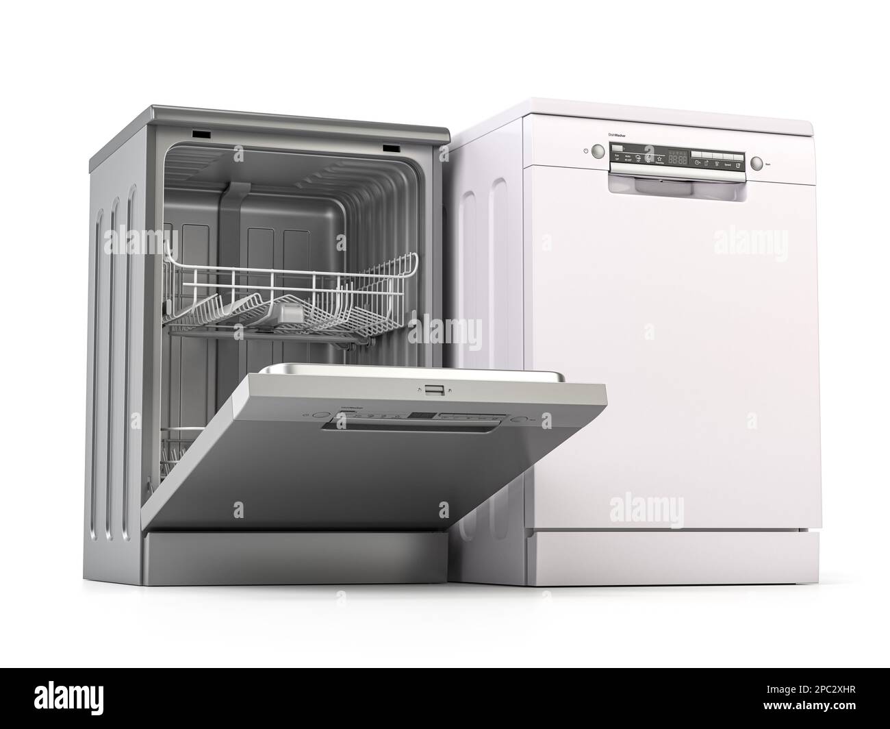 Lave-vaisselle ouvert et fermé isolé sur fond blanc. 3d illustration Banque D'Images