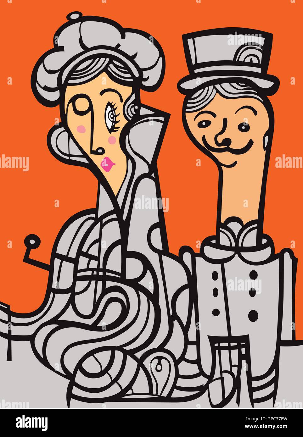 Illustration de l'anglais britannique européen mi-âge stylisé couple heureux homme et femme en costumes rétro vintage avec des chapeaux sur l'art mural de couleur orange Banque D'Images