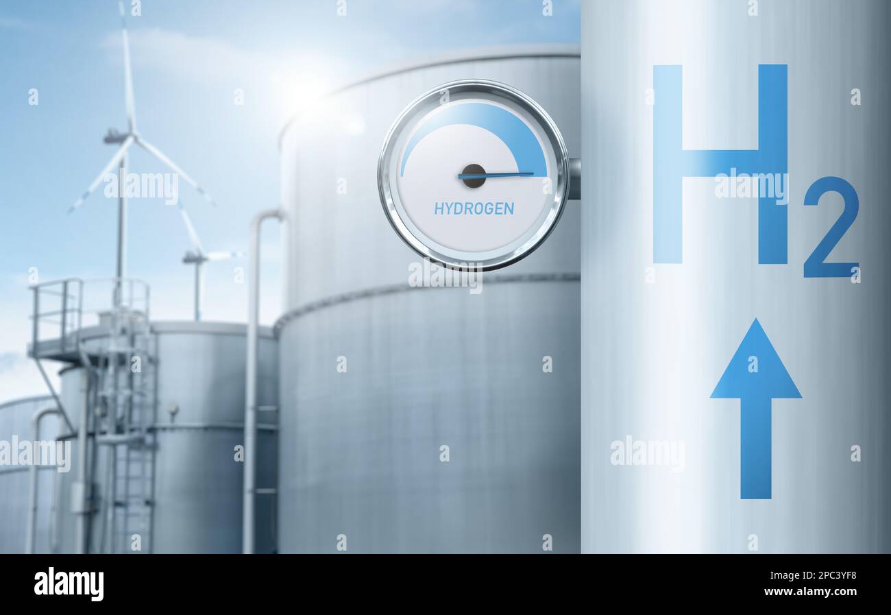 Tuyau d'hydrogène avec jauge. Concept de production d'hydrogène vert Banque D'Images