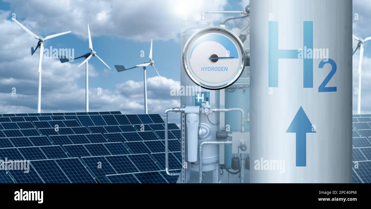 Tuyau d'hydrogène avec jauge. Concept de production d'hydrogène vert Banque D'Images