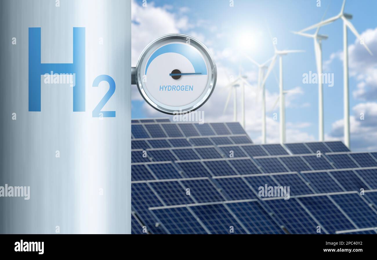 Tuyau d'hydrogène avec jauge. Concept de production d'hydrogène vert Banque D'Images