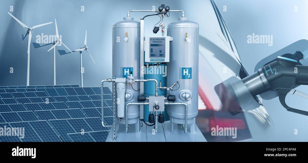 Tuyau d'hydrogène avec jauge. Concept de production d'hydrogène vert Banque D'Images