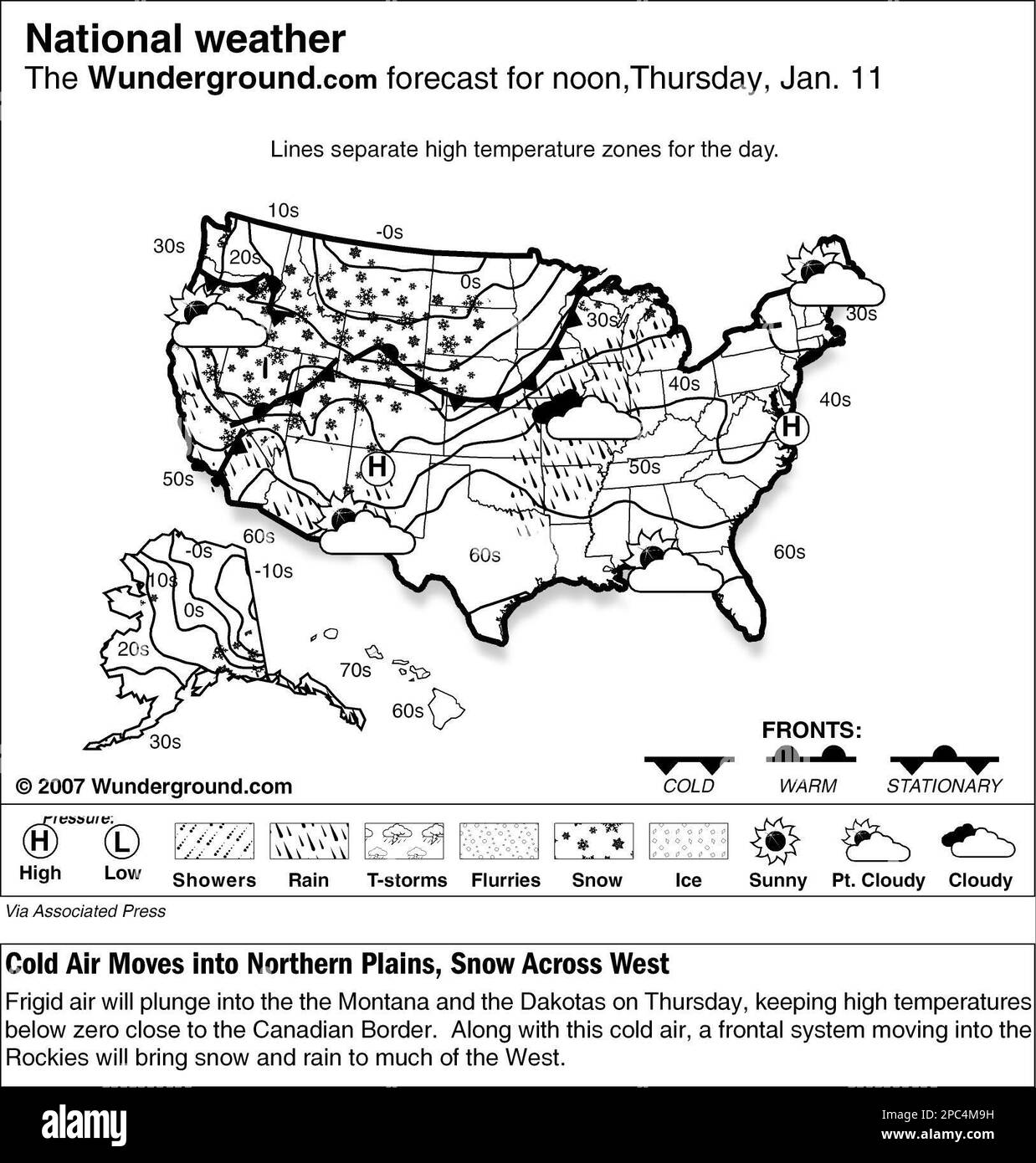 The national forecast for Thursday, Jan. 11, 2007 shows that frigid air will plunge into the the Montana and the Dakotas on Thursday, keeping high temperatures below zero close to the Canadian Border. Along with this cold air, a frontal system moving into the Rockies will bring snow and rain to much of the West. (AP Photo/Weather Underground) Banque D'Images