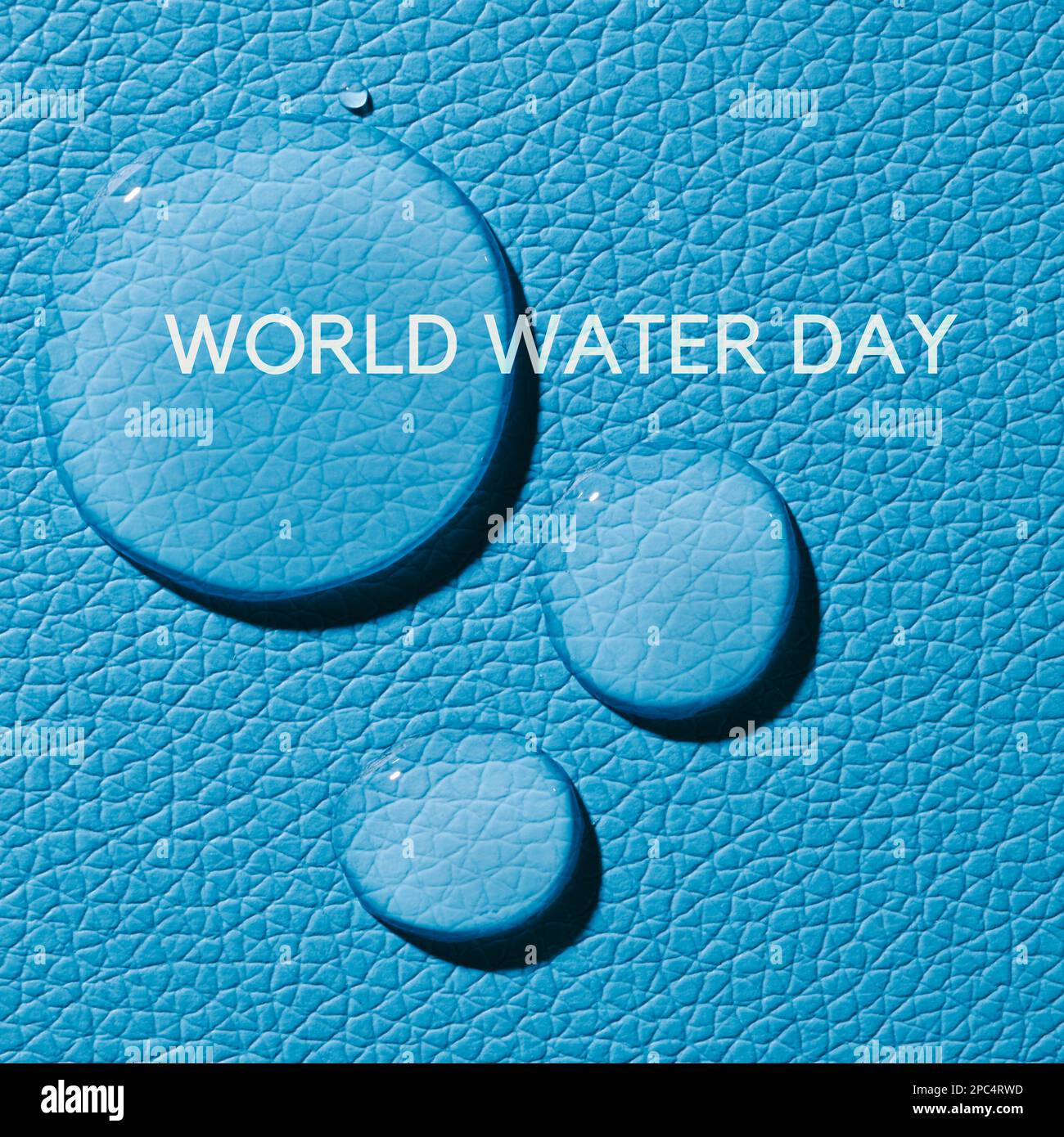 gros plan de quelques gouttes d'eau propre sur une surface texturée bleue et le texte journée mondiale de l'eau, dans un format carré Banque D'Images