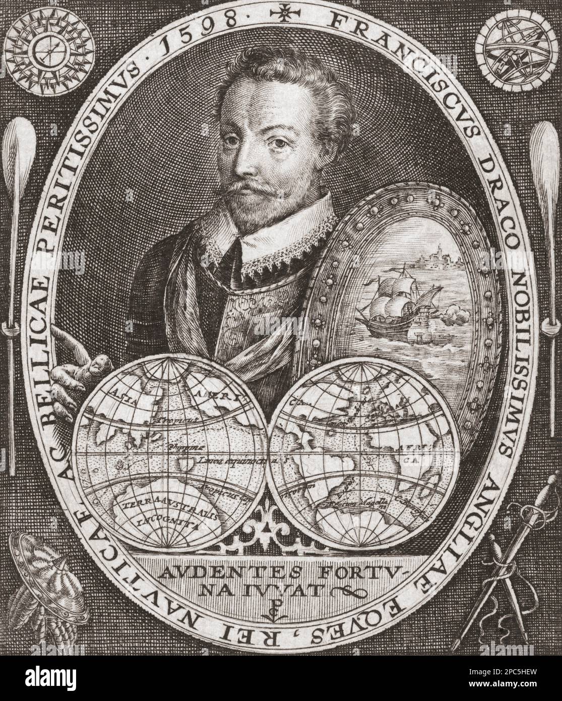 Sir Francis Drake, c. 1540 – 1596, capitaine de mer anglais, corsaire, navigateur, castor, et politicien. Il a parcouru le monde en un seul voyage entre 1577 et 1580. Après une gravure de Jodocus Hondius. Banque D'Images