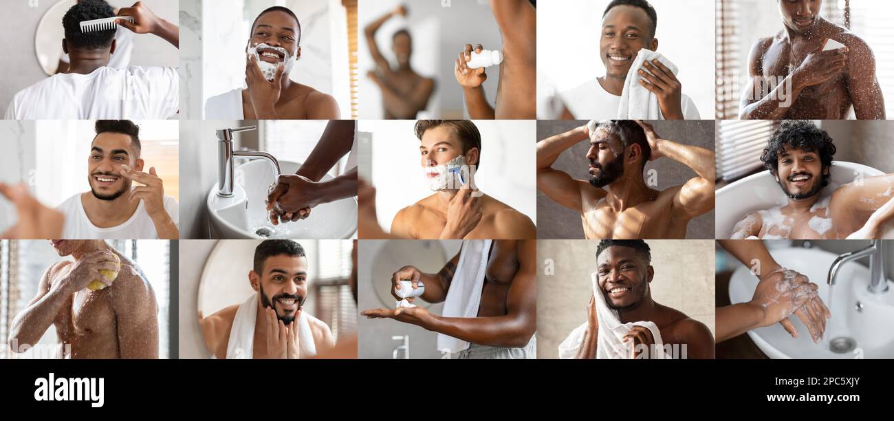 Joyeux musclé jeunes hommes internationaux se raser, prendre une douche, appliquer de la crème et du déodorant sur la peau, profiter des soins spa Banque D'Images