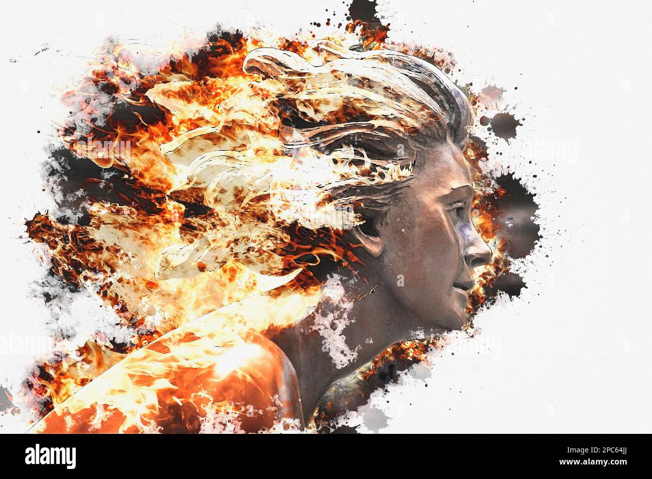 Femme prise en profil avec le feu et les flammes dans ses cheveux donnant l'impression de la vitesse, de la force, de la puissance. Image abstraite. Banque D'Images