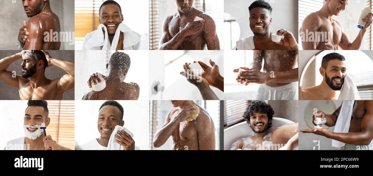 Souriant millénaires hommes internationaux appliquent la crème pour la peau, prendre la douche, se raser, profiter des soins spa et de bain Banque D'Images