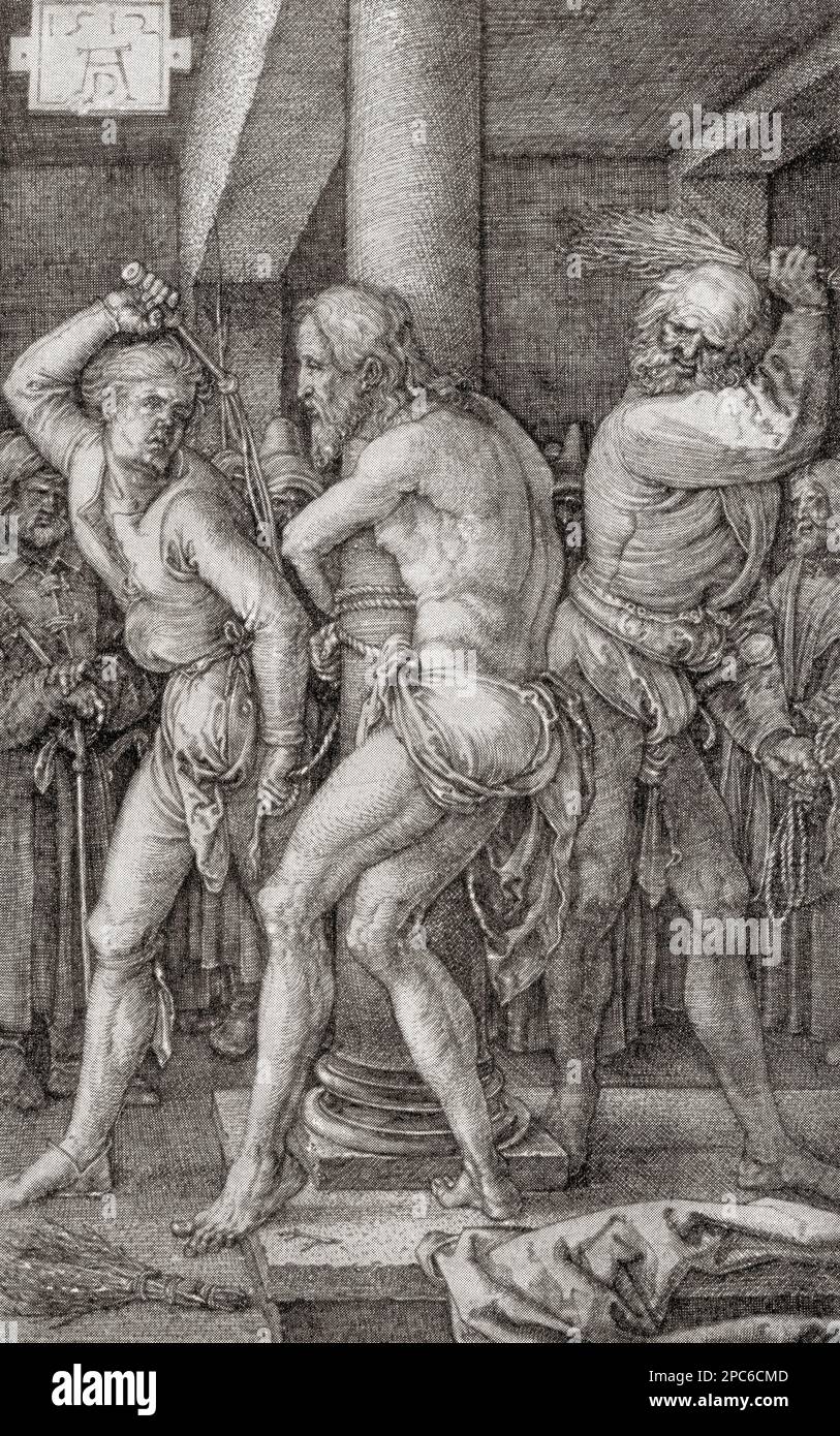 Flagellation, après l'œuvre d'Albrecht Dürer, 1471 – 1528, parfois orthographié en anglais comme Durer. Peintre allemand, graveur et théoricien de la Renaissance allemande. De Albrecht Dürer, Sein Leben und eine Auswahl seiner Werke ou sa vie et une sélection de ses œuvres, publié en 1928. Banque D'Images