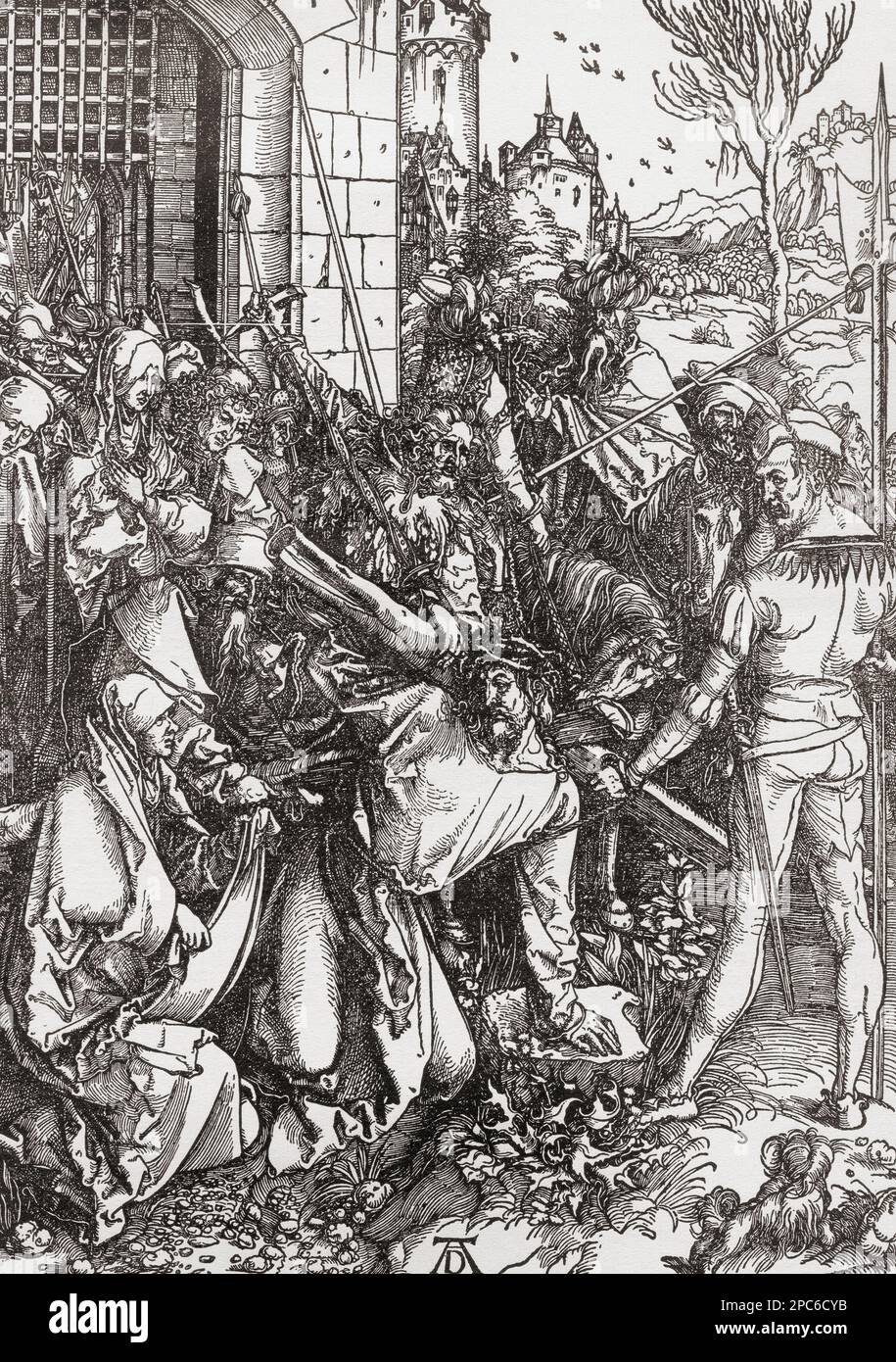 Christ portant la Croix, après l'oeuvre d'Albrecht Dürer, 1471 – 1528, parfois orthographié en anglais comme Durer. Peintre allemand, graveur et théoricien de la Renaissance allemande. De Albrecht Dürer, Sein Leben und eine Auswahl seiner Werke ou sa vie et une sélection de ses œuvres, publié en 1928. Banque D'Images