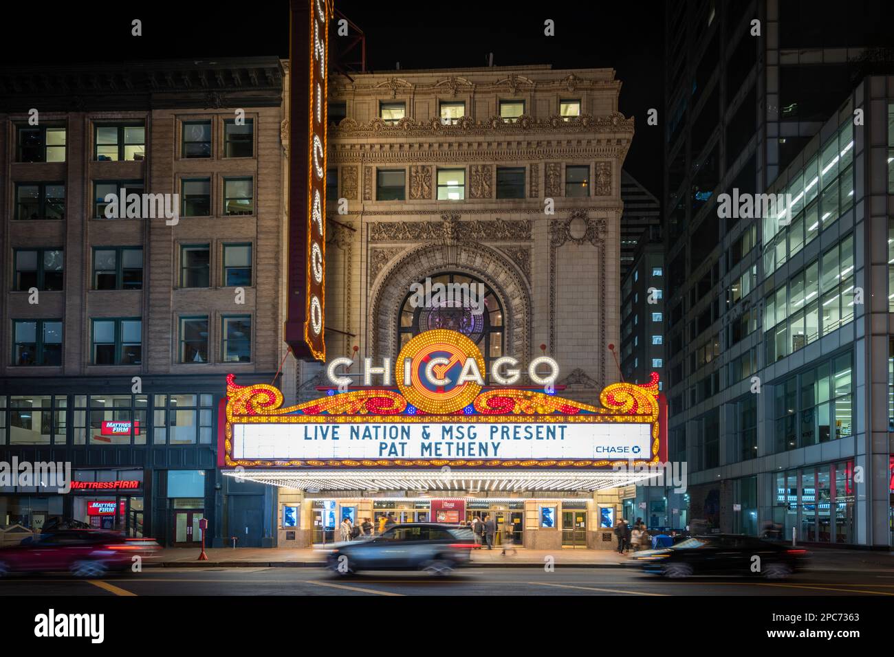 Chicago, USA - 13 octobre 2018 : signe sur l'emblématique théâtre de Chicago à Chicago. Le théâtre a ouvert ses portes en 1921 et a été rénové dans les années 1980. Ce signe Banque D'Images