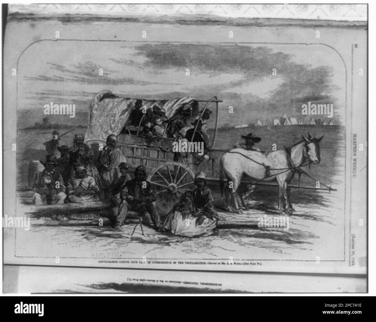 Les contralands entrent dans le camp à la suite de la proclamation / dessiné par M. A.R. Waud. Illus. Dans : Harper's Weekly, v. 7 (1863 janv. 31), p. 68, copie de référence dans LE LOT 4422. Esclaves, États-Unis, 1860-1870, chariots et wagons, États-Unis, 1860-1870, Freedmen, États-Unis, 1860-1870, États-Unis, Histoire, Guerre civile, 1861-1865, réfugiés, Afro-Américains. Banque D'Images