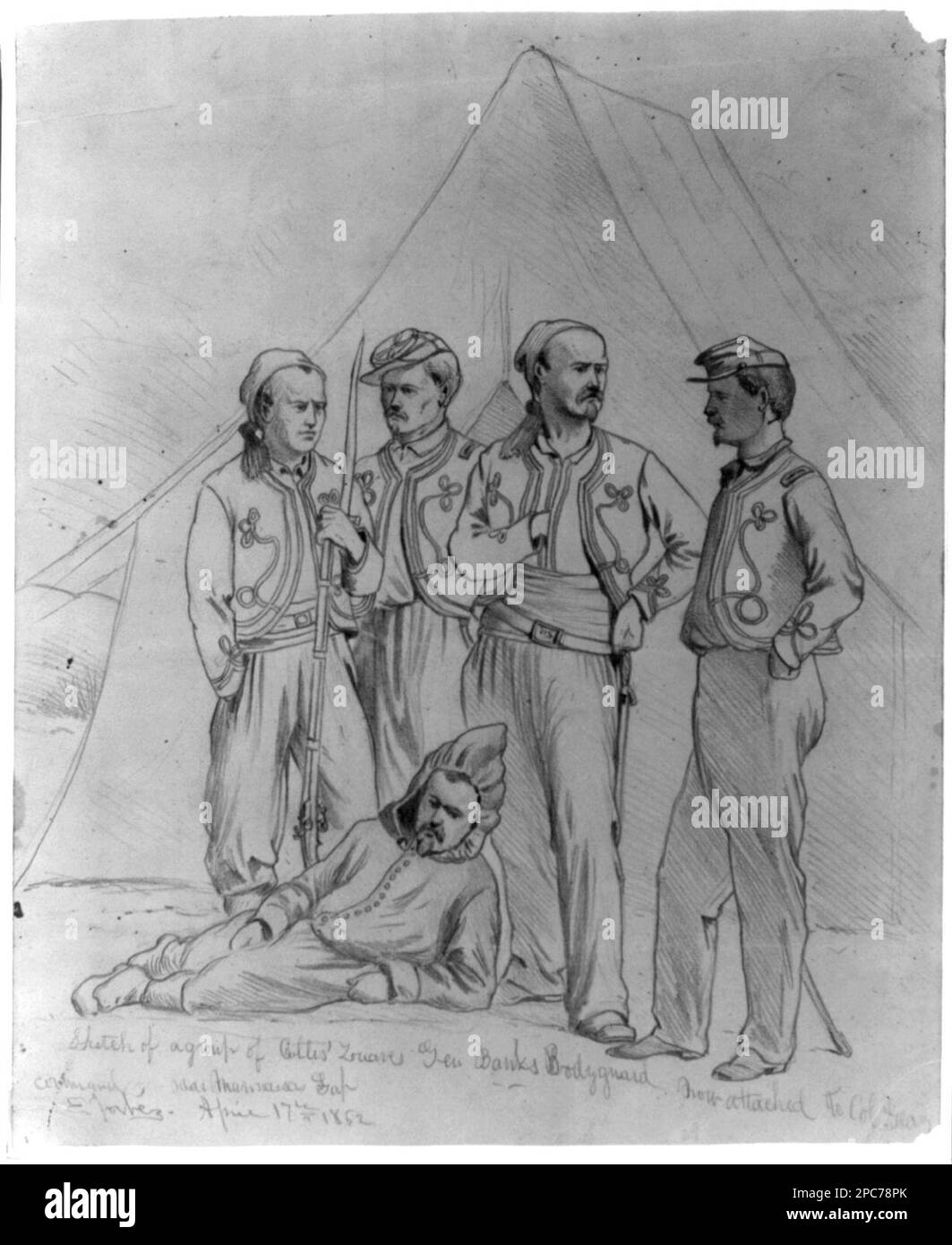 Croquis d'un groupe de Zouaves de Collis--le garde du corps des banques générales, maintenant attaché au commandement du colonel Geary, près de Manassas Gap / E. Forbes. Morgan collection de dessins de la guerre civile. Zouaves, 1860-1870, États-Unis, Histoire, Guerre civile, 1861-1865, personnel militaire, Union, États-Unis, Virginie, Écart Manassas Banque D'Images