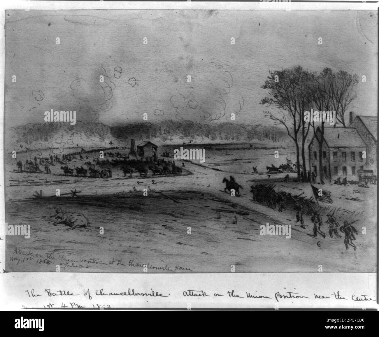 Attaque sur la position de l'Union à la Maison de Chancellorsville / E. Forbes. Morgan collection de dessins de la guerre civile. Chancellorsville, bataille de, Chancellorsville, va, 1863, États-Unis, Histoire, Guerre civile, 1861-1865, campagnes et batailles, États-Unis, Virginie, Chancellorsville Banque D'Images