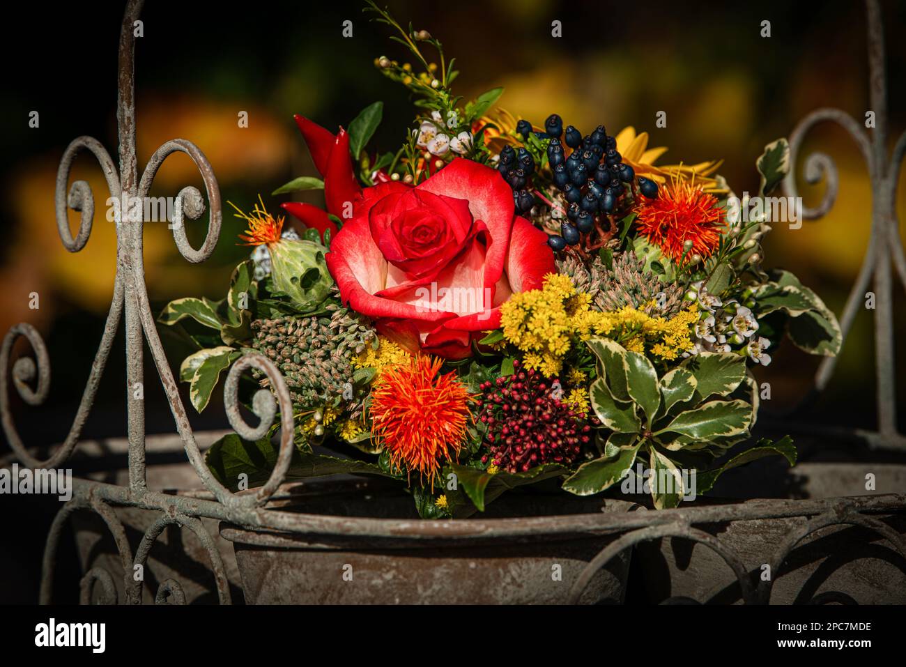 Bouquet de fleurs d'automne colorées dans une marmite en métal sur une  table de jardin en bois Photo Stock - Alamy