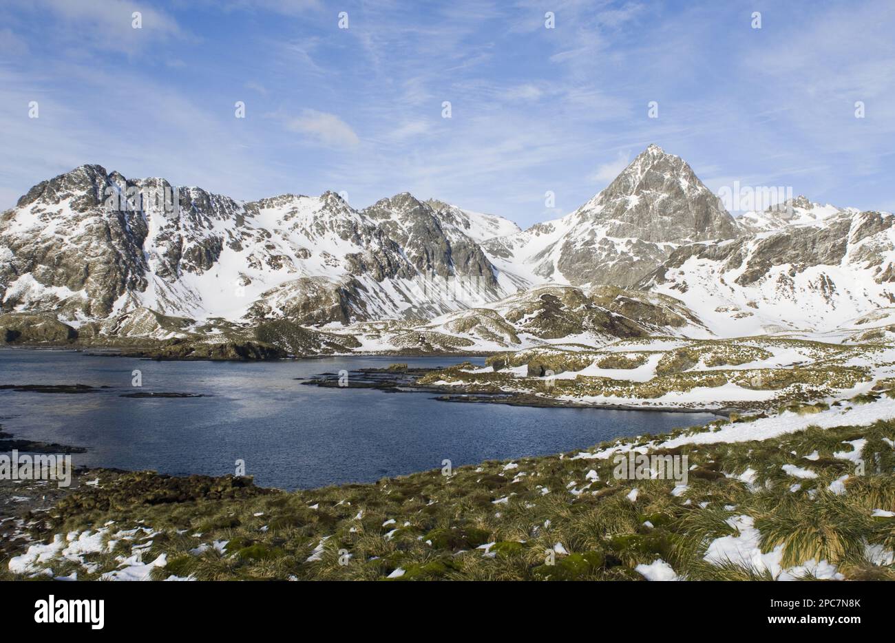 Vue sur la côte avec des montagnes enneigées, Cooper Bay, Géorgie du Sud Banque D'Images