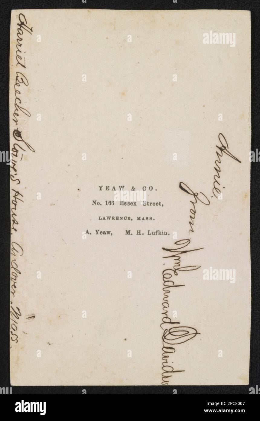 Maison de Harriet Beecher Stowe, Andover, Massachusetts. / Yeaw & Co., n° 166, rue Essex, Lawrence, Massachusetts. A. Yeaw, M.H. Lufkin. Collection de photos de la guerre civile de la famille Liljenquist , pp/papier liljpaper. Stowe, Harriet Beecher, 1811-1896, Homes & Haunts, Massachusetts, Andover, Andover Theological Seminary, Builddings, Massachusetts, Andover, 1860-1870, sites historiques, Massachusetts, Andover, 1860-1870, États-Unis, Histoire, Guerre civile, 1861-1865. Banque D'Images