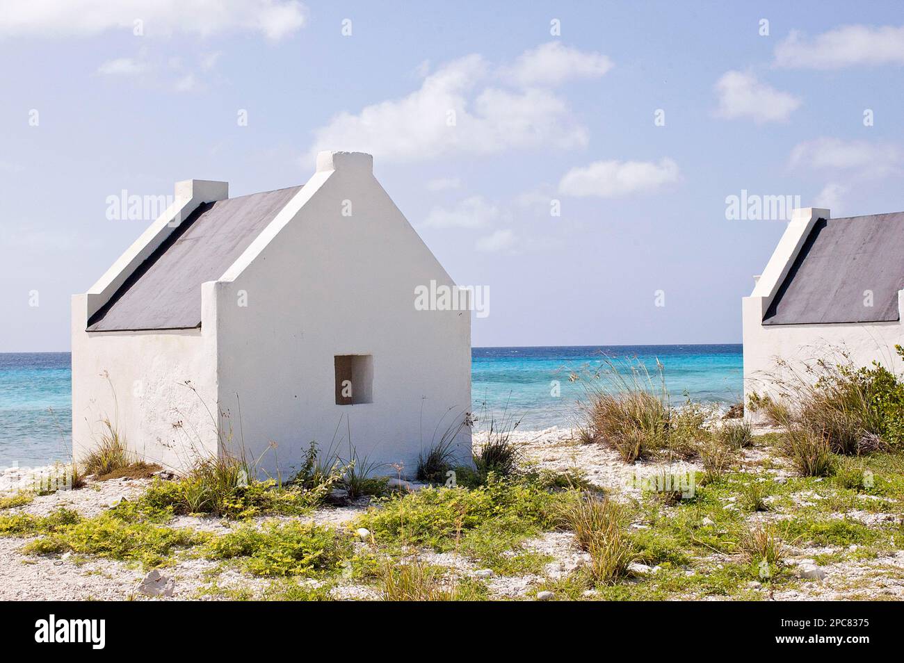 Anciens quartiers d'esclaves pour les travailleurs du sel côtier, Rincon, Bonaire, île Leeward, Petites Antilles, Antilles néerlandaises Banque D'Images