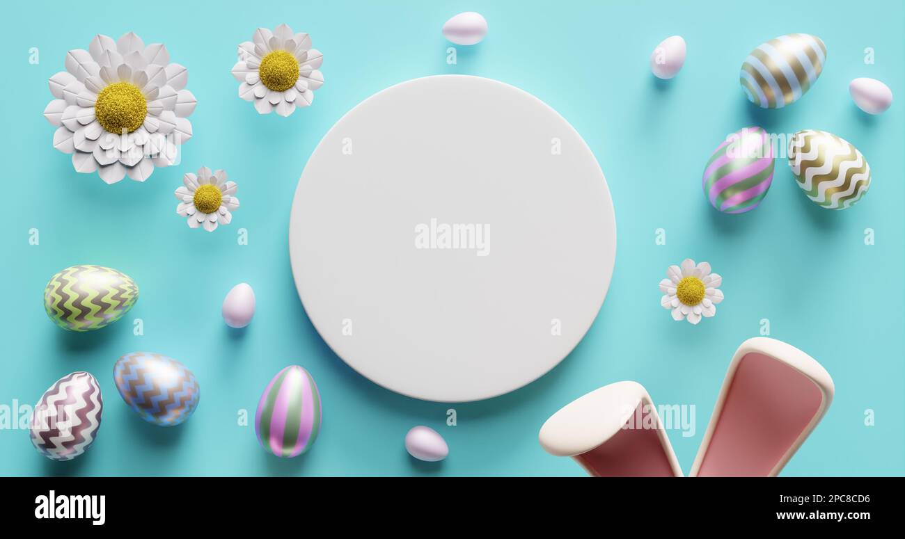 Cercle blanc vide au centre entouré d'oreilles de lapin, d'oeufs de Pâques, de fleurs de Marguerite. 3d rendu. Banque D'Images