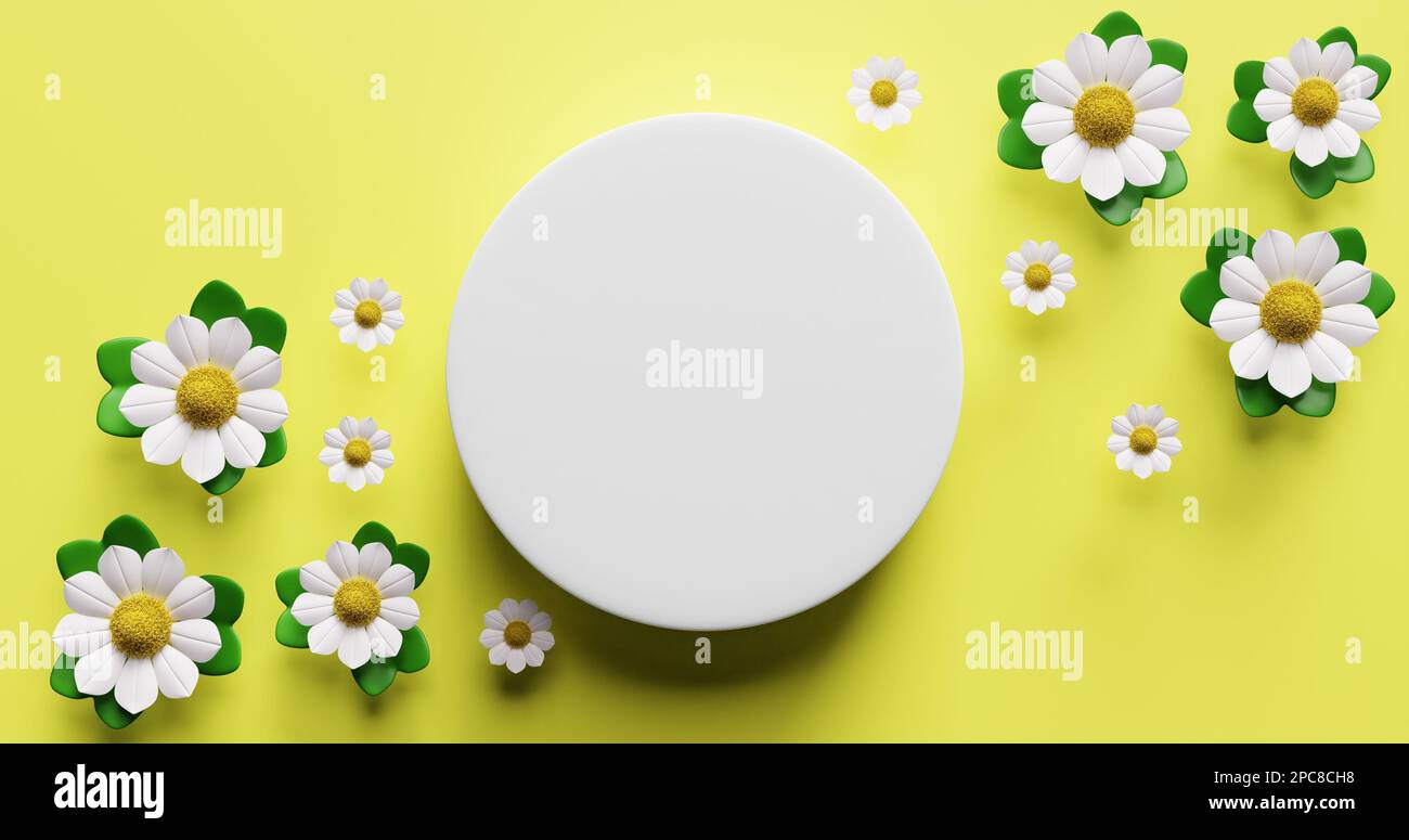 Cercle blanc vide au centre avec des fleurs. 3d rendu. Banque D'Images