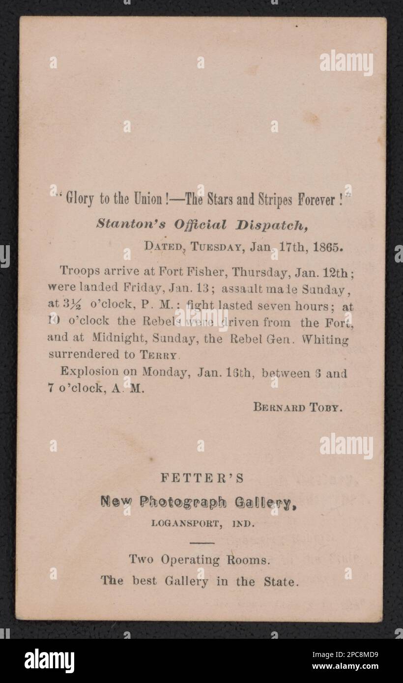 Bernard Tobey, un double amputé et son fils, portant les uniformes de l'Union Sailor, debout à côté d'un petit wagon affichant l'expédition du secrétaire de guerre Edwin Stanton à la chute de la nouvelle galerie de photo de fort Fisher / Fetter, Logansport, Ind. Liljenquist Family Collection of civil War Photographs , pp/liljpaper, pp/liljwoch. Stanton, Edwin M, (Edwin McMasters), 1814-1869, objets associés, Etats-Unis, Marine, People, 1860-1870, marins, Union, 1860-1870, Amputees, 1860-1870, garçons, 1860-1870, Expositions, 1860-1870, chariots et wagons, 1860-1870, Uniformes militaires, Union, 1860-1870, Campaigns & batt Banque D'Images