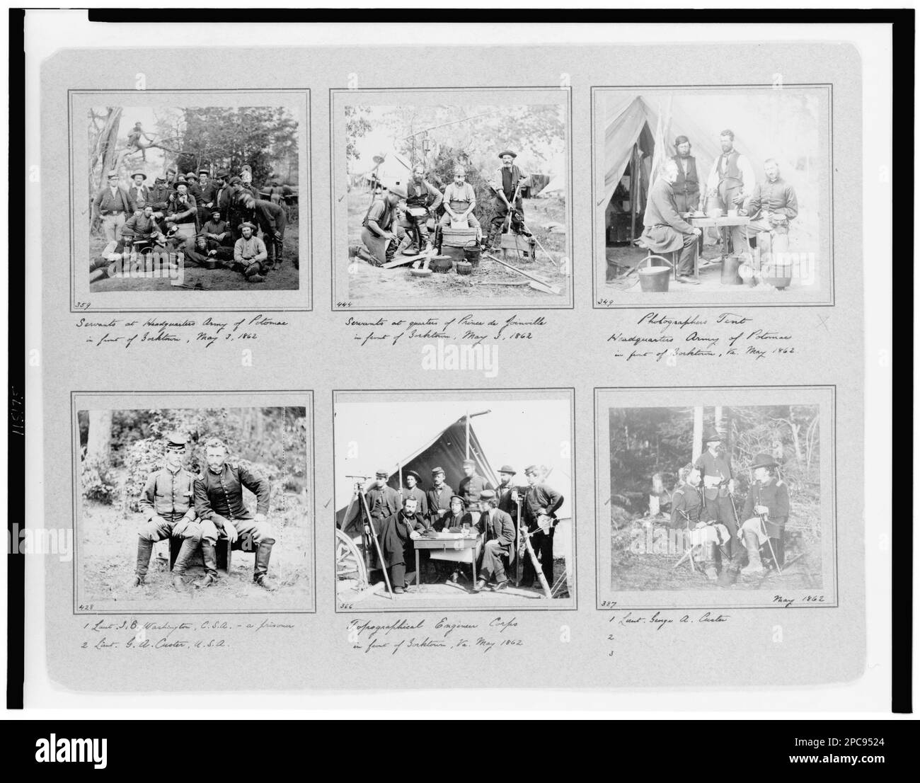 Portraits de soldats et de serviteurs de divers quartiers généraux de l'Union; montre également la tente du photographe, le corps de l'ingénieur topographique et des portraits de George A. Custer. Collection de photographies de guerre civile, n° 359, n° 444, non 349, non 428, non 366, et non 387, pièce de prêt 4116-L. Custer, George Armstrong, 1839-1876, Service militaire, ingénieurs, 1860-1870, quartier général militaire, Union, Virginie, Yorktown, 1860-1870, Servants, Virginie, Yorktown, 1860-1870, Etats-Unis, Histoire, Guerre civile, 1861-1865, vie militaire, Union. Banque D'Images