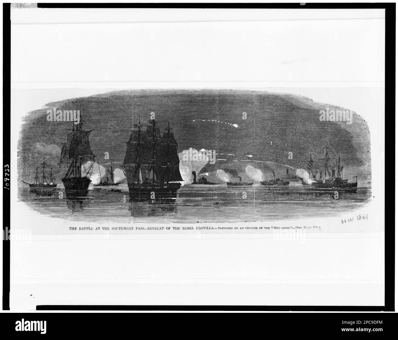 La bataille au col sud-ouest - retraite de la flottille rebelle. Tiré par un officier de la Richmond, tiré de: Harper's Weekly, 1861 décembre 7, p. 773. Navires de guerre, Union, 1860-1870, navires de guerre, Confederate, 1860-1870, États-Unis, Histoire, Guerre civile, 1861-1865, Opérations navales. Banque D'Images