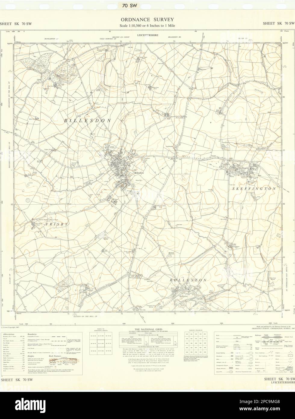 Ordnance Survey SK70SW Leicestershire Billesdon Skeffington Rolleston 1967 carte Banque D'Images