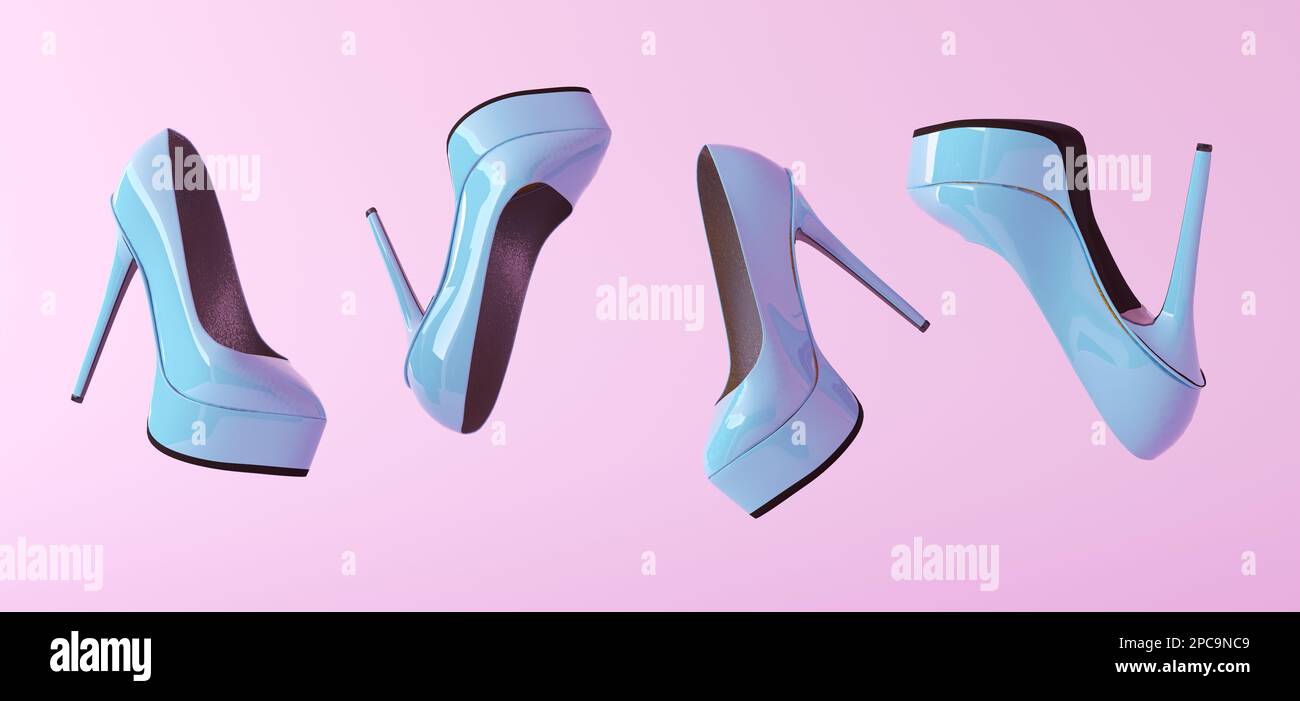 Volant bleu tendance stilettos chaussures à talons hauts isolées sur fond rose. Les chaussures tendance flottent. Bannière horizontale. Bannière créative minimale Banque D'Images