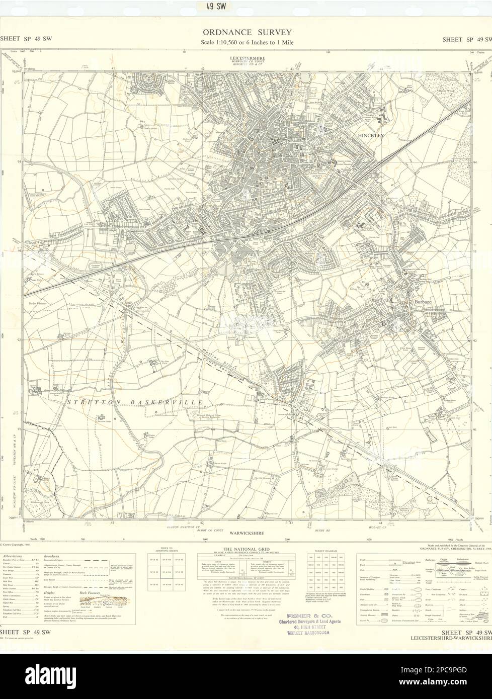 Ordnance Survey Sheet SP49SW Leicestershire Hinckley Burbage 1968 ancienne carte Banque D'Images