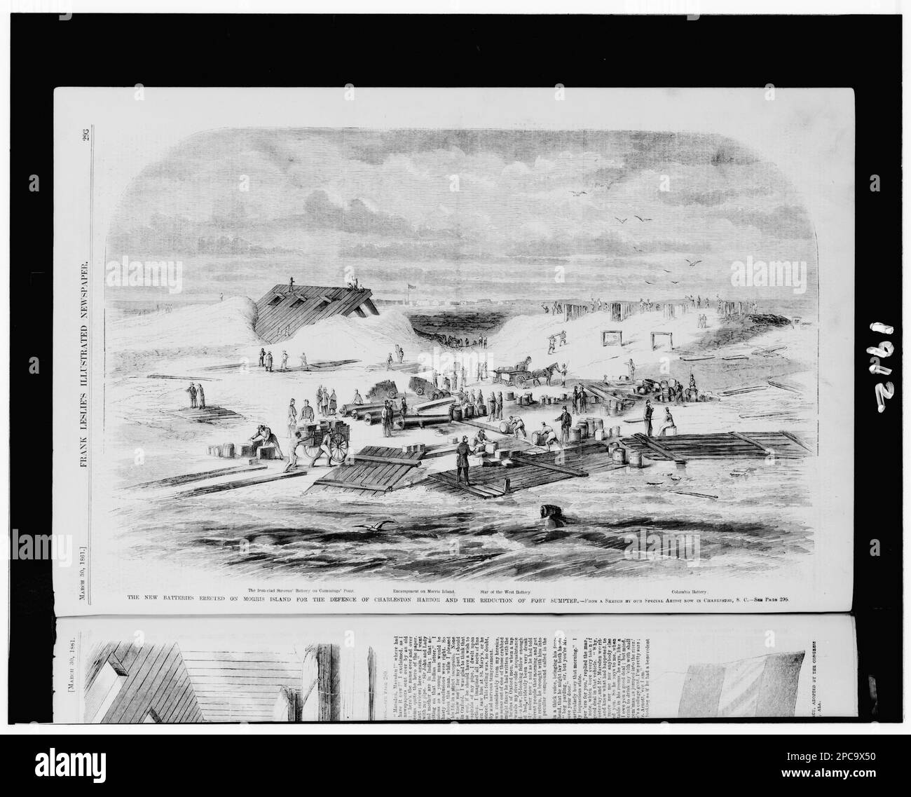 Les nouvelles batteries érigées sur l'île Morris pour la défense de Charleston Harbour et la réduction de fort Sumpter / d'un croquis de notre artiste spécial maintenant à Charleston, Caroline du Sud. Illus. Dans: Frank Leslie's Illustrated Newspaper, 1861 30 mars, p. 293. Batteries (armes), Caroline du Sud, Morris Island, 1860-1870, États-Unis, Histoire, Guerre civile, 1861-1865, tactique militaire, Confederate. Banque D'Images