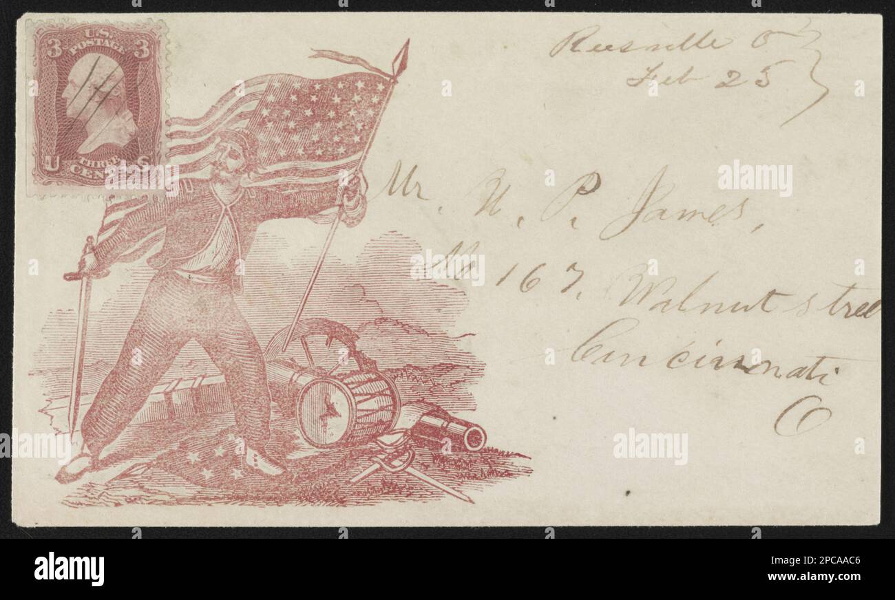 Enveloppe de la guerre civile montrant un soldat tenant une épée et un drapeau. Titre conçu par le personnel de la Bibliothèque, adressé à M. N. P. James, no 167 Walnut Street, Cincinnati, O.; porte un timbre de 3 cents; envoyé de Reesville, O, le 25 février, Don; Tom Liljenquist; 2012; (DLC/PP-2012:127), pp/liljmem. Soldiers, Union, 1860-1870, Flags, American, 1860-1870, États-Unis, Histoire, Guerre civile, 1861-1865, Aspects sociaux. Banque D'Images