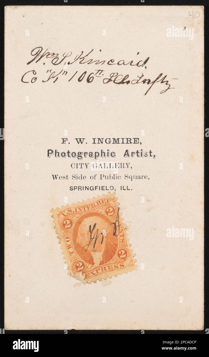 Privé William I. Kincaid of Co H et Co K, 106th Illinois Infantry Regiment en uniforme / F.W. Ingmire, City Gallery, West Side of public Square, Springfield, Illinois. Collection de photos de la guerre civile de la famille Liljenquist , pp/papier liljpaper. Kellogg, M. J. Amanda, amis et associés, Kincaid, William I, 1838-1931, États-Unis, Army, Illinois Infantry Regiment, 106th (1862-1865), Hommes, soldats, Union, 1860-1870, uniformes militaires, Syndicat, 1860-1870, personnel de santé, 1860-1870, Camp Butler (Ill.), 1860-1870, États-Unis, Histoire, Guerre civile, 1861-1865, Aspects médicaux, Union, United St Banque D'Images Privé William I. Kincaid of Co H et Co K, 106th Illinois Infantry Regiment en uniforme / F.W. Ingmire, City Gallery, West Side of public Square, Springfield, Illinois. Collection de photos de la guerre civile de la famille Liljenquist , pp/papier liljpaper. Kellogg, M. J. Amanda, amis et associés, Kincaid, William I, 1838-1931, États-Unis, Army, Illinois Infantry Regiment, 106th (1862-1865), Hommes, soldats, Union, 1860-1870, uniformes militaires, Syndicat, 1860-1870, personnel de santé, 1860-1870, Camp Butler (Ill.), 1860-1870, États-Unis, Histoire, Guerre civile, 1861-1865, Aspects médicaux, Union, United St Banque D'Images