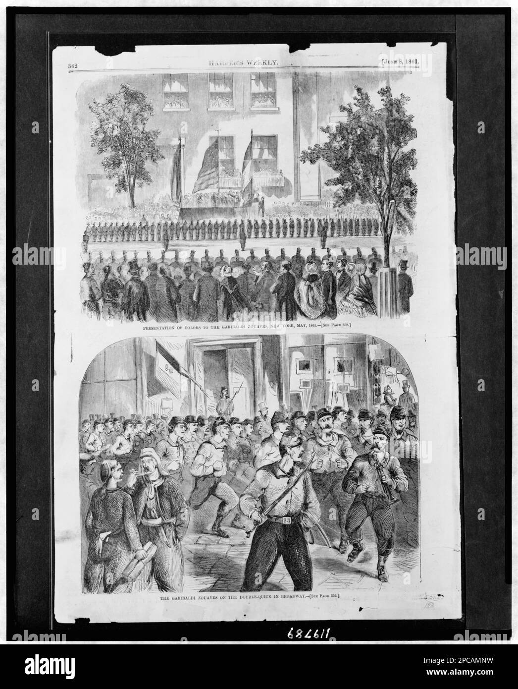 Présentation des couleurs aux Garibaldi Zouaves, New York, mai 1861 les Garibaldi Zouaves sur le double-rapide à Broadway. Illus. Dans: Harper's Weekly, v. 5, 1861 8 juin, p. 362. Zouaves, New York (État), New York, 1860-1870, États-Unis, Histoire, Guerre civile, 1861-1865, personnel militaire, Union. Banque D'Images