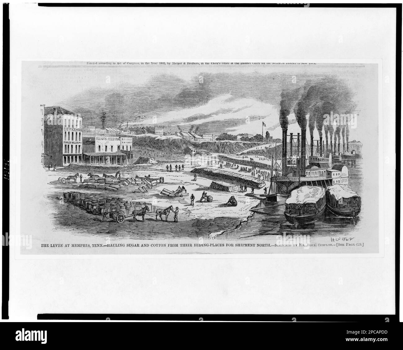 En 1862, au milieu de la destruction et du pillage de la guerre civile, un croquis capture la scène des bateaux à vapeur transportant du sucre et du coton cachés de Memphis. Les confiscations étaient monnaie courante, mais le flux de marchandises continuait vers le nord. Banque D'Images