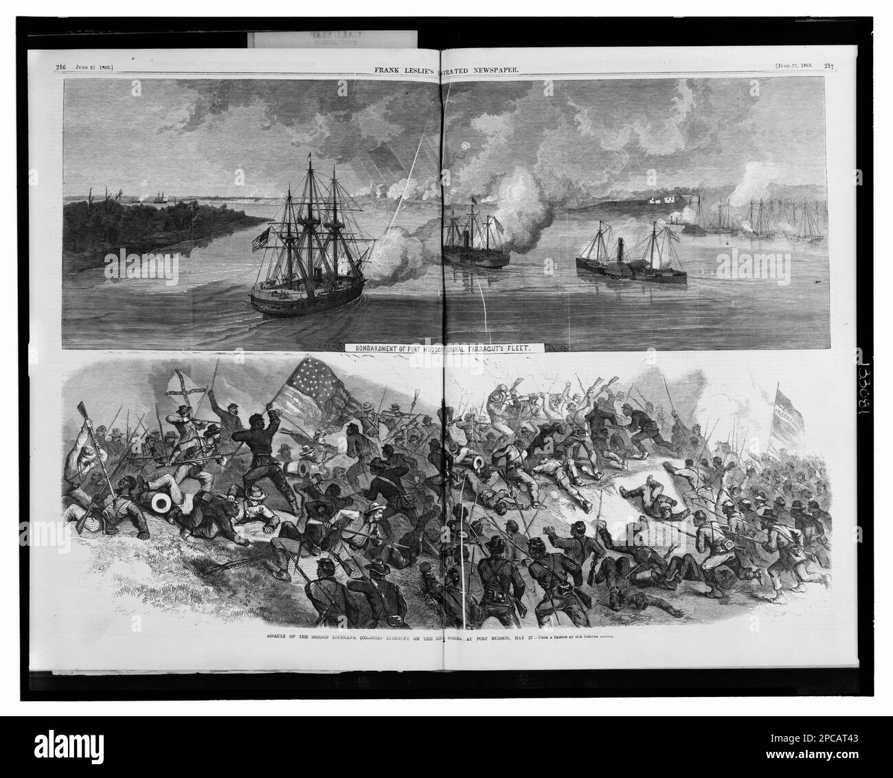 Bombardement de Port Hudson par la flotte de l'amiral Farragut assaut du deuxième régiment de Louisiane (coloré) sur les oeuvres de Rebel à Port Hudson, 27 mai / / d'un croquis de notre artiste spécial. Titre de l'article, Illus. Dans: Frank Leslie's Illustrated Newspaper, v. 16, no 404 (1863 27 juin), p. 216-217. Farragut, David Glasgow, 1801-1870, Service militaire, campagnes et batailles, Louisiane, Port Hudson, 1860-1870, bombardement, Louisiane, Port Hudson, 1860-1870, Afro-Américains, Service militaire, 1860-1870, États-Unis, Histoire, Guerre civile, 1861-1865, personnel militaire, Union, États-Unis, Histoire Banque D'Images
