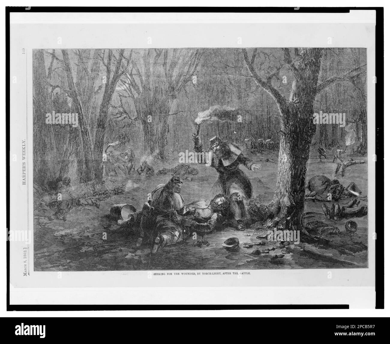 À la recherche des blessés, au chalumeau, après la bataille. Titre de l'article, Illustration de: Harper's Weekly, v. 6, no 271 (1862 8 mars), p. 149. Fort Donelson, bataille de, Tenn, 1862, victimes de guerre, Tennessee, 1860-1870, Soldiers, Union, Tennessee, 1860-1870, États-Unis, Histoire, Guerre civile, 1861-1865, Campagnes et batailles. Banque D'Images