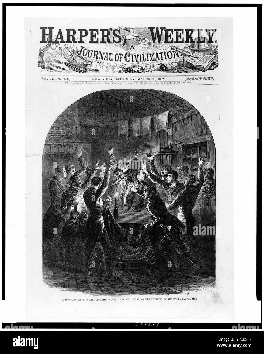 Une scène palpitante dans l'est du Tennessee--le colonel Fry et les hommes de l'Union jurant par le drapeau. Illus. Depuis : Harper's Weekly, 1862 29 mars, Cover. Etats-Unis, Histoire, Guerre civile, 1861-1865, guérilla, États-Unis, Histoire, Guerre civile, 1861-1865, opérations secrètes, Union, Oaths, Tennessee, Greene County, 1860-1870, Promesses d'allégeance, Tennessee, comté de Greene, 1860-1870. Banque D'Images