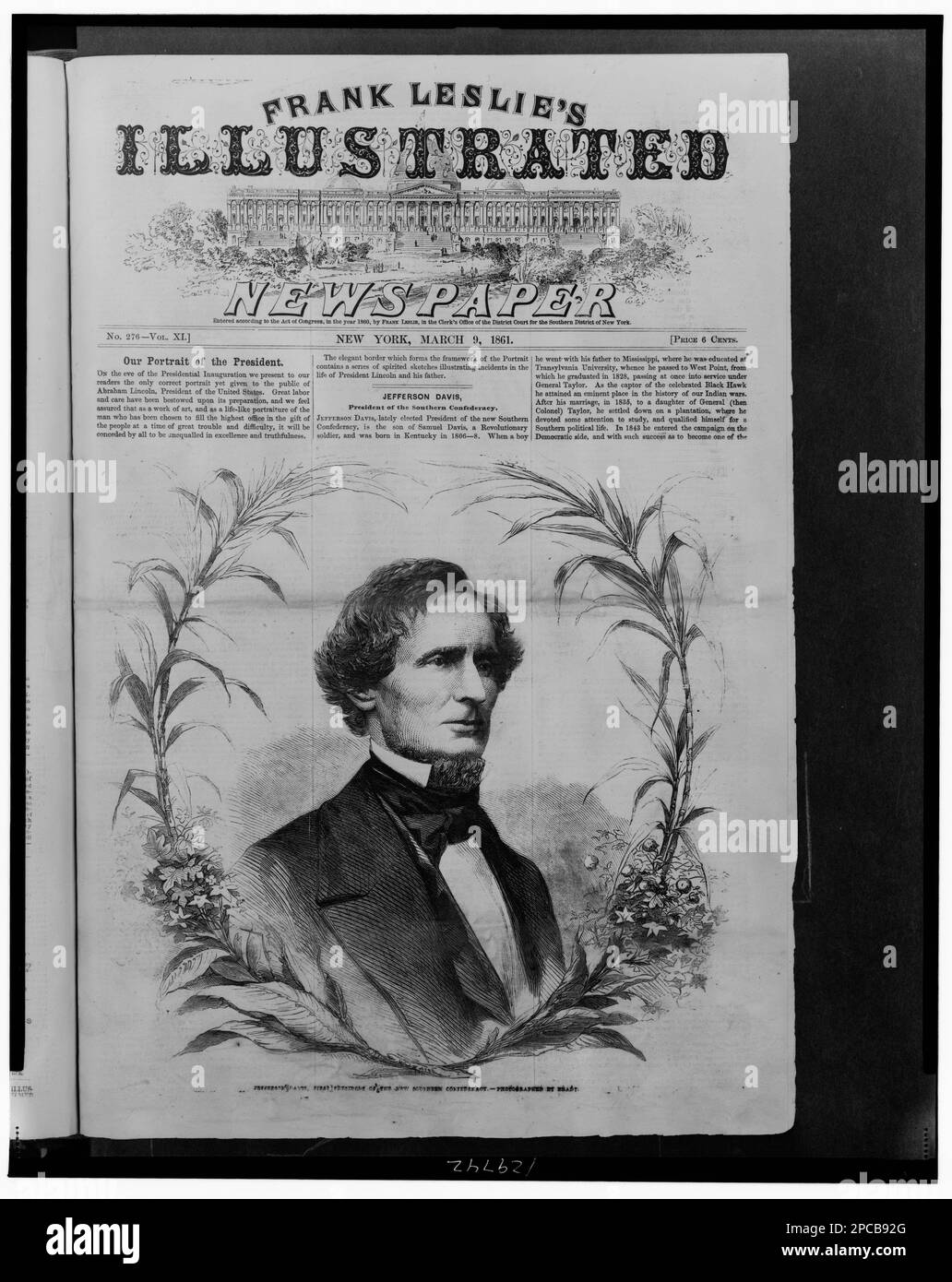 Jefferson Davis, premier président de la nouvelle Confédération du Sud / photographié par Brady. Illus. Dans: Frank Leslie's Illustrated Newspaper, v. 11, no 276 (1861 9 mars), p. 241. Davis, Jefferson, 1808-1889, États-Unis, History, Guerre civile, 1861-1865. Banque D'Images