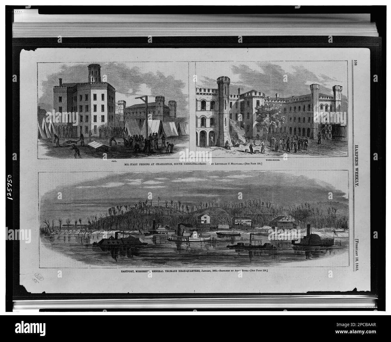 Prisons militaires à Charleston, Caroline du Sud / esquissée par le lieutenant F. Millward. Eastport, Mississippi, quartier général Thomas, janvier 1865 / dessiné par Adam Rohe. Illus. Dans: Harper's Weekly, v. 9, no 425 (1865 18 février), p. 108. Prisons, Caroline du Sud, Charleston, 1860-1870, quartier général militaire, Mississippi, Eastport, 1860-1870, États-Unis, History, Guerre civile, 1861-1865, centres de détention, Confederate, États-Unis, Histoire, Guerre civile, 1861-1865, installations militaires, Union. Banque D'Images