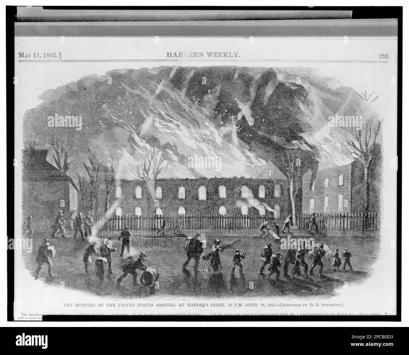 La combustion de l'arsenal des États-Unis à Harper's Ferry, 10 HEURES 18 avril 1861 / esquissé par D.H. Strother.. Titre de l'article, Illus. Dans: Harper's Weekly, v. 5, no 228 (1861 11 mai), p. 293. Armores, Virginie-Occidentale, Harpers Ferry, 1860-1870, incendies, Virginie occidentale, Harpers Ferry, 1860-1870, Campaigns & Battles, Virginie occidentale, Harpers Ferry, 1860-1870, Harpers Ferry (W. Virginie), 1860-1870, États-Unis, History, civil War, 1861-1865, tactiques militaires. Banque D'Images