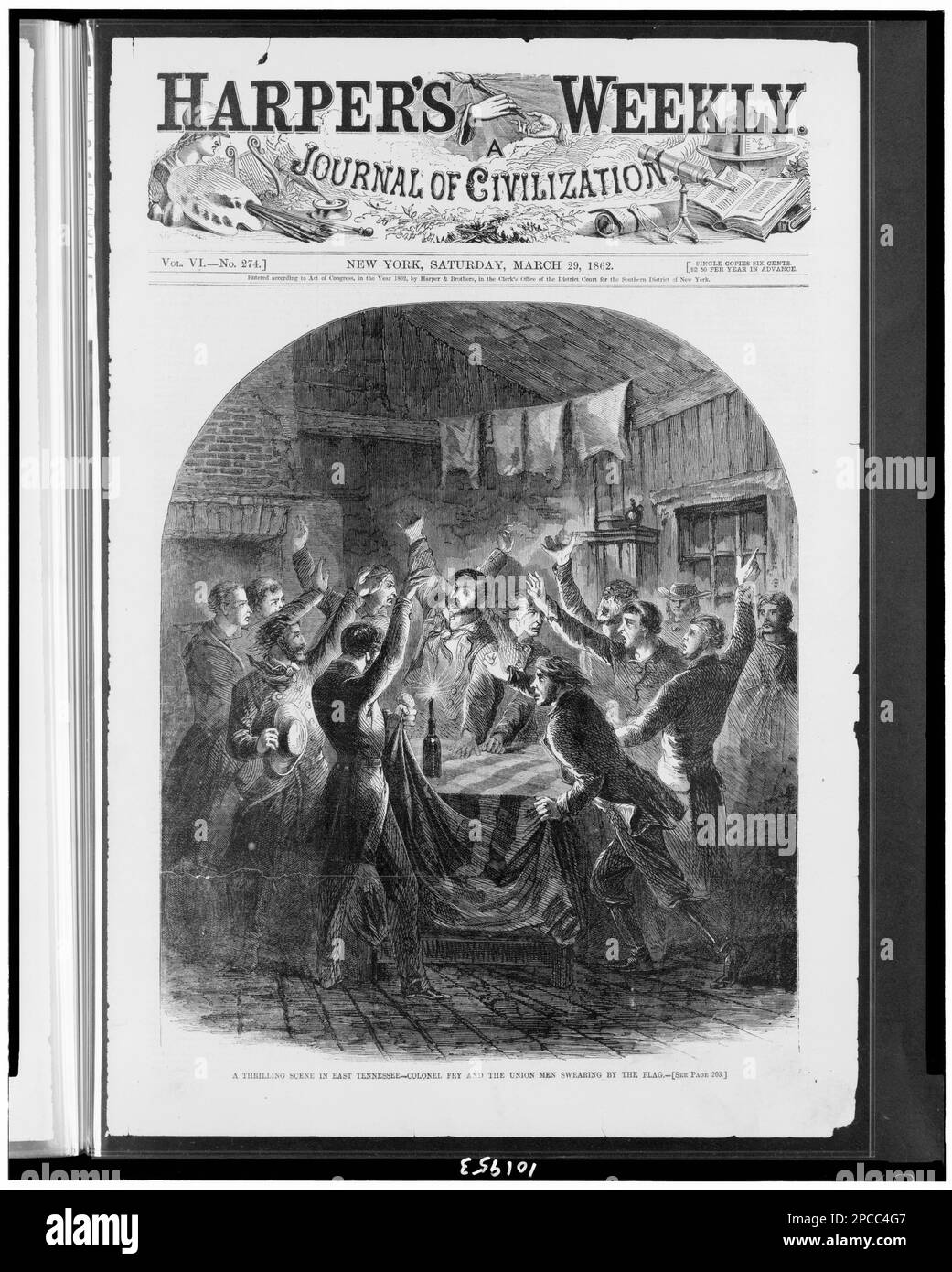 Une scène palpitante dans l'est du Tennessee--le colonel Fry et les hommes de l'Union jurant par le drapeau. Illus. In: Harper's Weekly, 1862 29 mars, p. 193. Etats-Unis, Histoire, Guerre civile, 1861-1865, guérilla, Promesses d'allégeance, Tennessee, 1860-1870. Banque D'Images