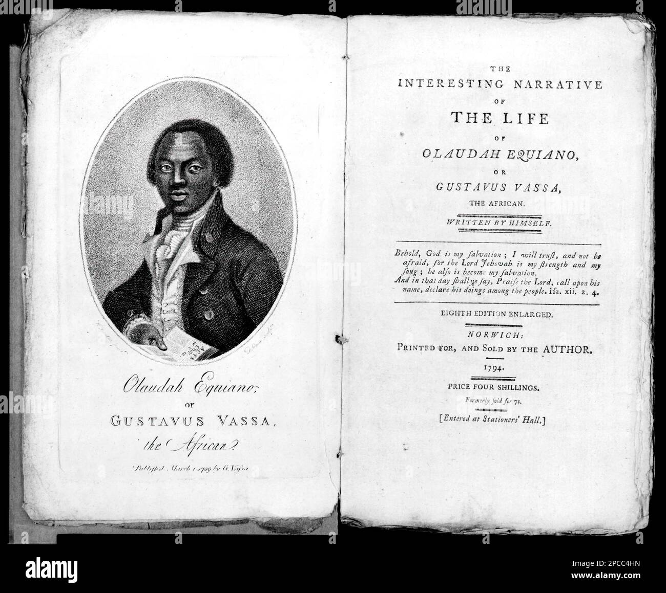 La frontispice et la page de titre de: Le récit intéressant de la vie d'Olaudah Equiano. 1794. Banque D'Images