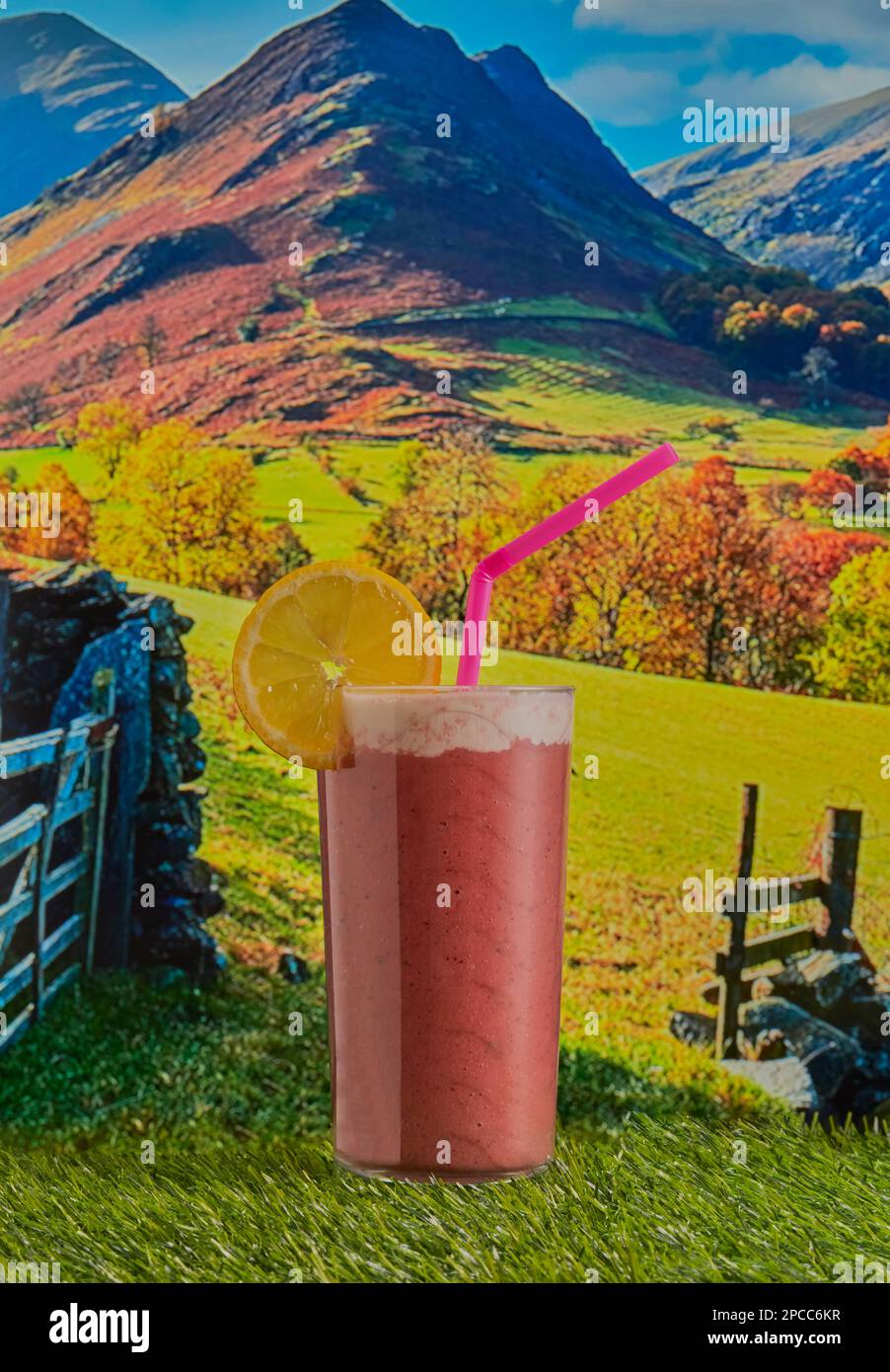 Boisson fouettée aux fruits frais et sains, garnie de crème et d'une tranche de citron, prise sur un paysage de campagne avec des montagnes en arrière-plan. Banque D'Images