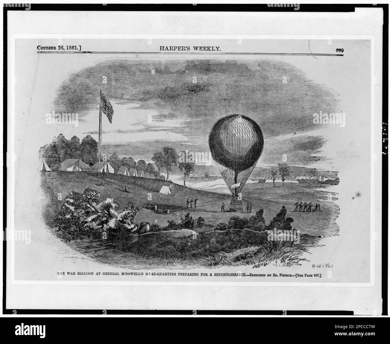 Le ballon de guerre aux quartiers généraux du général m'Dowell se préparant à une reconnaissance / dessiné par Ed. Pietsch... Illus. Depuis : Harper's Weekly, 1861 octobre 26, p. 679. Ballons (avion), 1860-1870, reconnaissance militaire, 1860-1870, États-Unis, Histoire, Guerre civile, 1861-1865, installations militaires. Banque D'Images