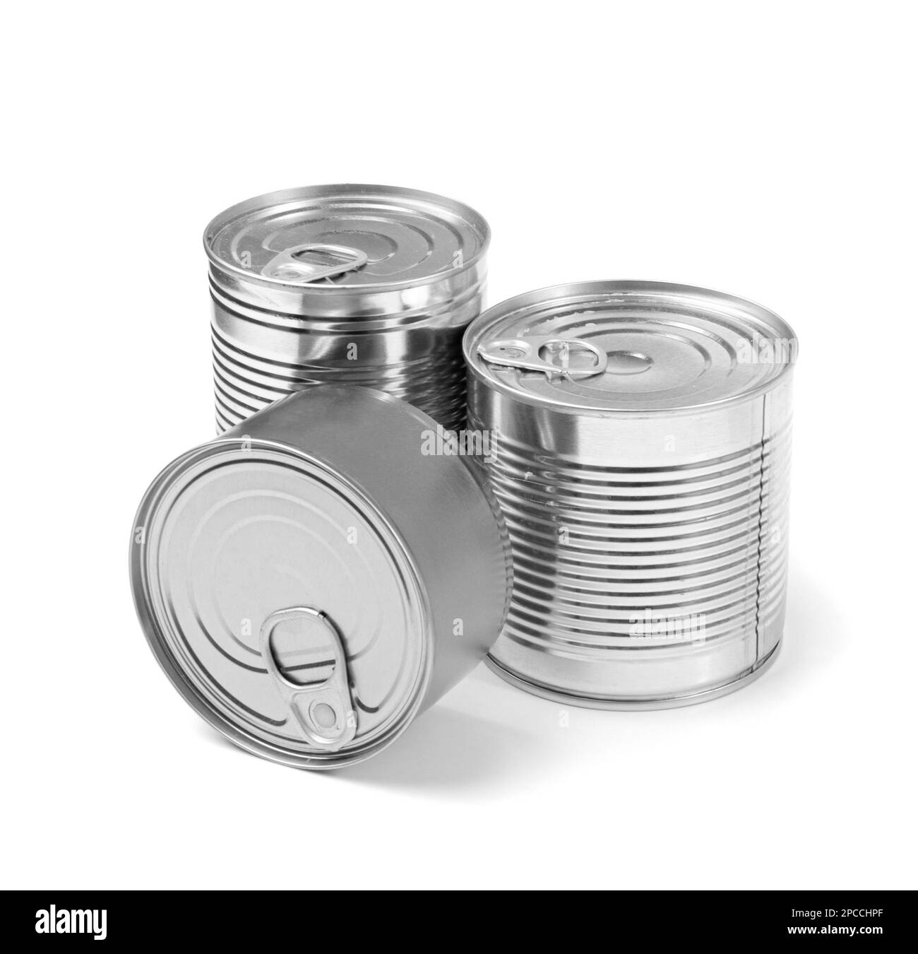 Boîte en étain isolée, maquette de conservation, groupe d'emballages pour lait en métal, conteneur cylindrique en aluminium, différentes boîtes en étain sur fond blanc vue latérale Banque D'Images